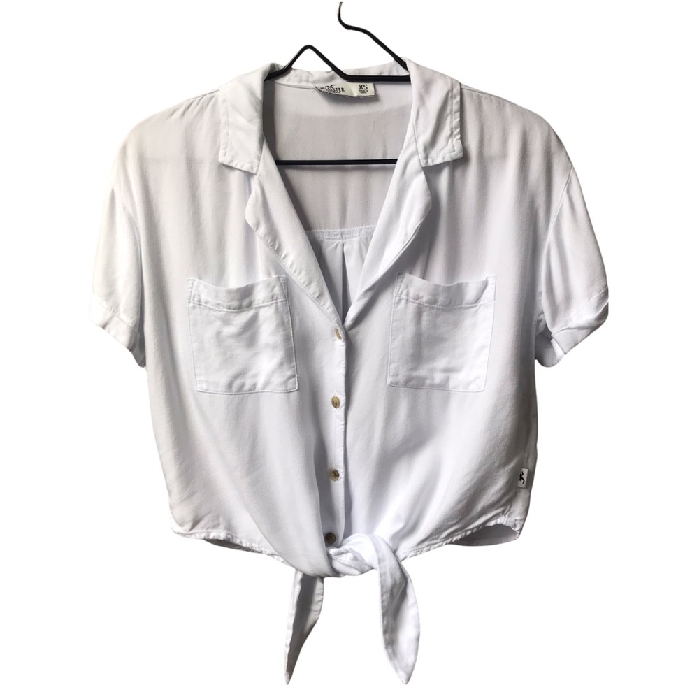 Hollister Crop Top Button-up Shirt Tie Detail Women's Size XS White Collared